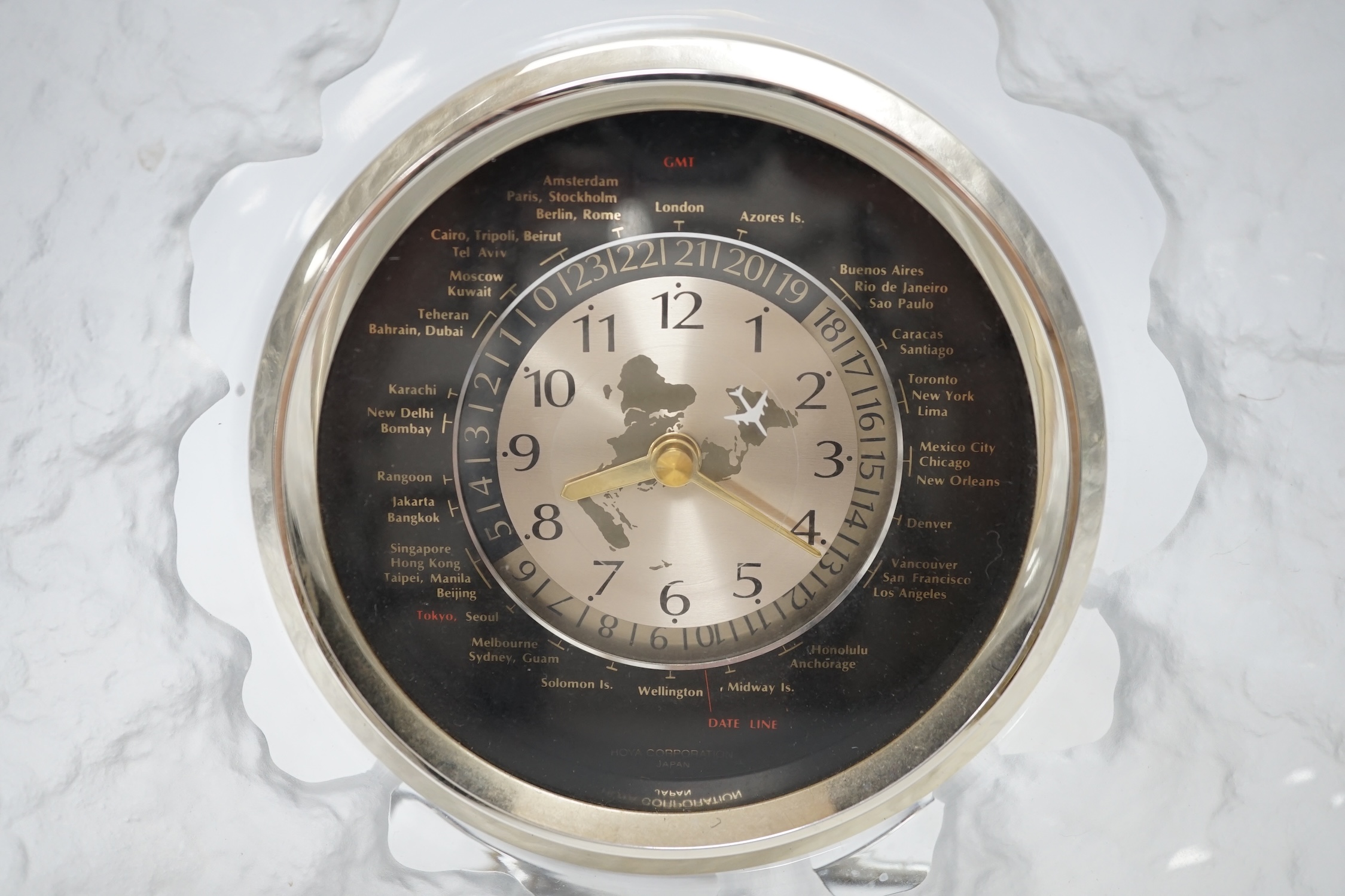 Hoya, a glass Japan timepiece, 28cm wide